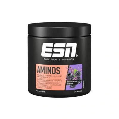 Obrázek ESN AMINOS, Blackberry, 400 g, jemný aminoprášek s esenciálními aminokyselinami a astraginem, 3,2 g leucinu v jedné porci, ideální rozpustnost, veganské vyrobeno Německu