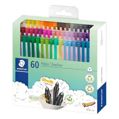 Obrázek STAEDTLER Fineliner triplus, trojhranný, super jemný, kovově zasazený hrot, šířka linie cca 0,3 mm, vysoká kvalita Made in Germany, sada se 60 zářivými barvami, 334 C60