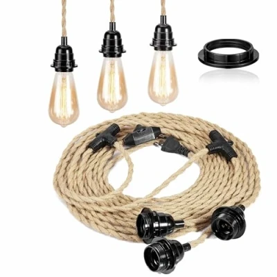 Obrázek FRIDEKO HOME Závěsné svítidlo se zástrčkou, objímka 3 plameny E27 s kabelem, vintage kabel lampy vypínačem 8,8 m konopným lanem Plug, DIY závěsná lampa do jídelny ložnice bez žárovky