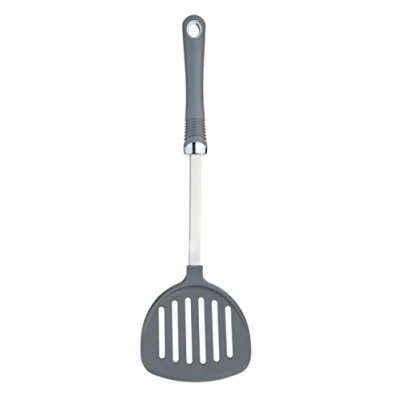 Obrázek KitchenCraft Halbabgerundeter Pfannenwender, Crêpe Wender, Pfannenwender Kunststoff, Palatschinken Schlitzwender mit rutschfestem Griff und Öse, Edelstahl, Grau, 36 x 10,5 3 cm