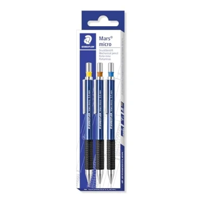 Obrázek STAEDTLER Mechanická tužka Mars micro 775 SC WP3, protiskluzová gumová rukojeť zóna, sada se 3 šířkami čar 0,3, 0,5, 0,7, modrá, plnitelná, odolná proti rozbití, vysoká kvalita
