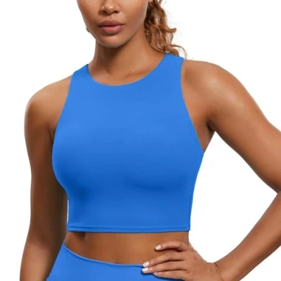 Obrázek CRZ Yoga Dámská sportovní podprsenka Butterluxe Racerback polstrovaná bez kostic, Crop Tops Longline Tank Top Fitness Sports Bra, Třpytivě modrá