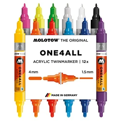 Obrázek Molotow One4All Acrylic Twin Marker Main Kit 1 (tloušťka linky 1,5 mm a 4,0 mm, vysoká kryvost permanentní, odolná proti UV záření, pro téměř všechny podklady) 12 kusů tříděných