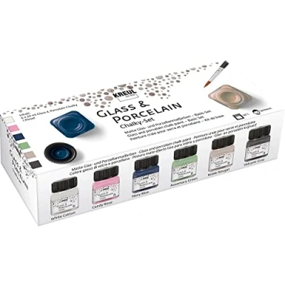 Obrázek KREUL 16602 Glass &amp; Porcelain Set Chalky, 6 x 20 ml v bílé, růžové, modré, zelené, hnědé a šedé štětec, jemný matný, krycí lak na sklo porcelán bázi vody