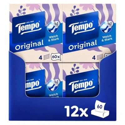 Obrázek Tempo Originální kapesníky box s kostkami balení po 12 boxech, 60 ubrousků v boxu extra silné, měkké papírové kapesníky, lze prát pračce