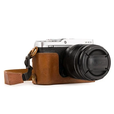 Obrázek MegaGear &quot;vždy připraven&quot; pravá kůže brašna na kameru pro Fujifilm X E3 Half Bottom mobilní telefony odolný, odolné proti poškrábání a odolnost nárazu, Světle hnědá