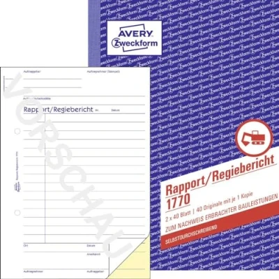 Obrázek AVERY Zweckform 1770 zpráva / režisérská (A5, propisující, testováno právními odborníky, pro Německo a Rakousko k dokumentaci pracovního výkonu, 2 x 40 listů) bílá/žlutá
