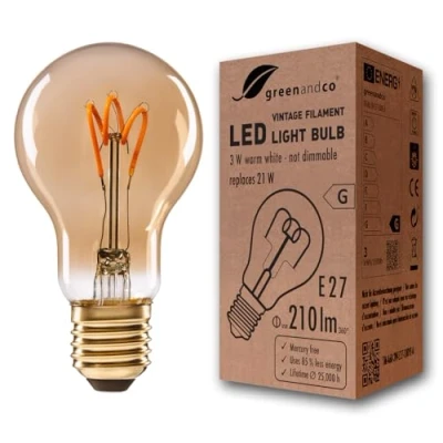 Obrázek greenandco® Vintage žhavicí vlákno LED žárovka zlatá E27 A60 3W 210lm 2000K extra teplá bílá 360 230 V bez mihotání, nestmívatelná