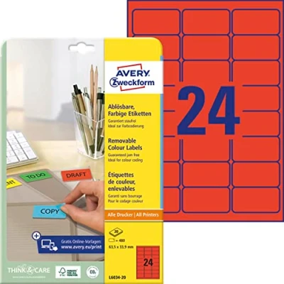 Obrázek AVERY Zweckform L6034 20 červené etikety (480 nálepek, 63,5 x 33,9 mm na A4, opět beze zbytku odstranitelné, samolepicí barevné etikety, papír matný, potiskovatelné, lepicí etikety) listů