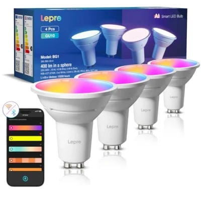 Obrázek Lepro BG1 chytrá AI GU10 LED žárovka RGBCW změna barvy a stmívatelná, synchronizace hudby, hlasové ovládání WLAN Alexa žárovka, kompatibilní s Google Assistant, balení 4 ks