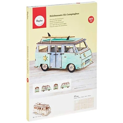 Obrázek Rayher Dřevěná stavebnice kempingový autobus, FSC 100% certifikovaná, přírodní, 30 x 13 17 cm, 79dílná, pro ruční práce a pomalování, 62879505