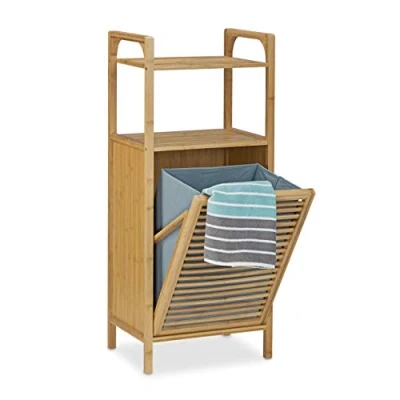Obrázek Relaxdays koupelnová skříňka s prádelním koše z bambusu, (v x š h) 95 40 30 cm, skříň se 2 policemi na pro koupelnové doplňky a výklopný, košem prádlo vyjímatelným pytlem objemem cca 25 l, přírodní