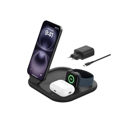 Obrázek Belkin BoostCharge indukční nabíjecí stanice 3 v 1 Qi2, 15 W, skládací stojan kompatibilní s MagSafe pro Apple iPhone 16/15, Watch, AirPods, protiskluzová, rychlé nabíjení, se síťovým zdrojem
