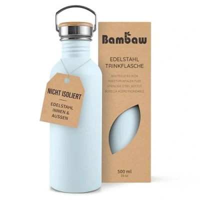 Obrázek Bambaw láhev na pití nerezová ocel děti 500 ml, neizolovaná modrá pití, bez BPA, vodu z ušlechtilé oceli pro ledově