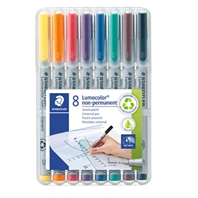 Obrázek STAEDTLER Univerzální pero Lumocolor non permanentní, omyvatelné vlhkým hadříkem, pro téměř všechny povrchy, šířka čáry cca 0,4 mm, 8 fóliových tužek v různých barvách, 311 WP8