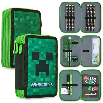 Obrázek Minecraft Penál s přihrádkami, naplněný školními potřebami, penál, škola, děti, chlapci, goodies, oficiální příslušenství pro hráče, Zelená Creeper,