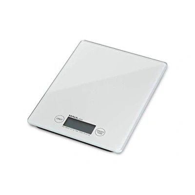 Obrázek MAUL Písmenní váha MAULGloss 16,5 x 17 cm zatížitelná do 5 kg Moderní kuchyňská se skleněným povrchem automatická nulová poloha a vypínání včetně baterií bílá
