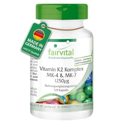 Obrázek Fairvital Vitamín K2 komplex MK 4 &amp; 7 1250mcg v jedné kapsli 120 kapslí vysoké dávky VEGAN