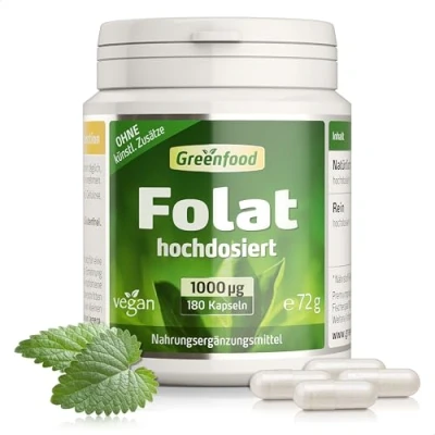 Obrázek Greenfood Folát, 1000 μg, extra vysoká dávka, 180 kapslí, veganský pro růst buněk, přání dětí a těhotenství. Bez umělých přísad. genetického inženýrství. Vegi kapsle.