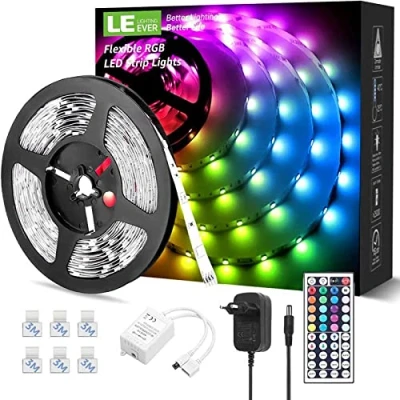 Obrázek LE 5M RGB LED pásky, sada 5050 SMD 12 V, samolepicí flexibilní pásek, lišta, světelný pásek IP20, síťový zdroj a ovladač součástí dodávky