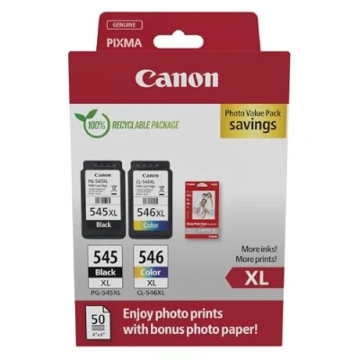 Obrázek Canon Inkoustové náplně a papírové multipack PG 545XL/CL 546XL originální do tiskárny balení 2 ks (1 x černá, 1 barva) &amp; 4 6 fotopapír (50 listů)