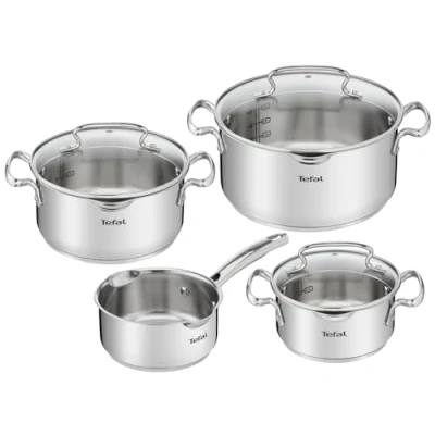 Obrázek Tefal Duetto + 3 hrnce 16/20/24 cm, 1 kastrol 16 cm z ušlechtilé oceli, skleněné poklice, značení odlévání, kompatibilní se všemi druhy sporáků, vhodné do trouby a lze mýt v myčce