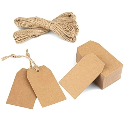 Obrázek jijAcraft Dárkový přívěsek kraftový papír etikety 7 x 4 cm, 100 kusů tagů a 20 metrů jutové šňůrky, pro kutilství, vánoční svatební dárky (hnědá)