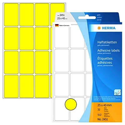 Obrázek HERMA 2451 víceúčelové etikety, 512 kusů, 25 x 40 mm, 16 na arch, samolepicí, štítky pro domácnost k popisování, matné, prázdné papírové samolepicí žluté