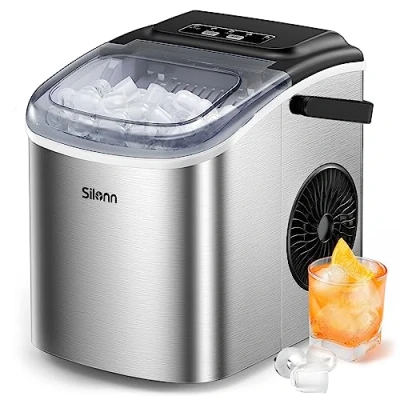 Obrázek Silonn Výrobník ledových kostek, 9 kostek hotovo za 6 minut, 12 kg 24 hodin, samočisticí malý stroj na ledové kostky, 2 velikosti do kuchyně, kanceláře, baru a party, ušlechtilá