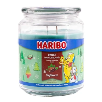 Obrázek Haribo Vonná svíčka ve skle s víčkem Sweet Wonderland zima svíčky dlouhá doba hoření (100h) zelené velká (510g)