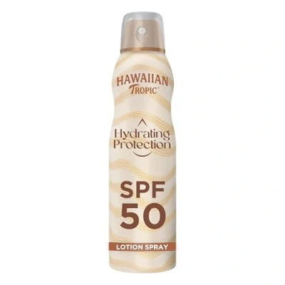 Obrázek Hawaiian Tropic Hydrating Protection Sunscreen Lotion Spray LSF 50 UVA + UVB ochrana, 220 ml, tropická vůně, voděodolná, veganská