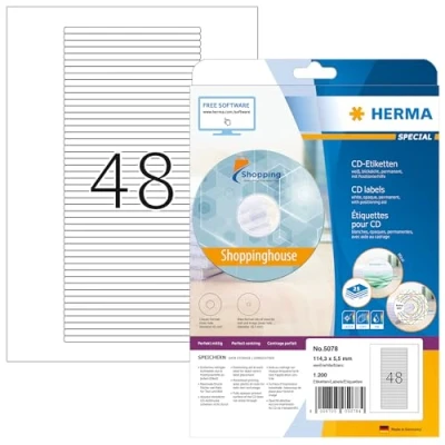 Obrázek HERMA 5078 CD DVD etikety pro Jewel Case pouzdra na zadní straně, 25 listů, 114,3 x 5,5 mm, 48 A4 arch, 1200 kusů, potisknutelné, matné, prázdný papír box lepicí etikety, bílá