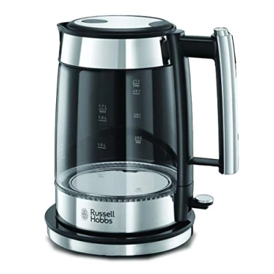 Obrázek Russell Hobbs Skleněná rychlovarná konvice [1,7 l, 2200 W] Elegance aplikace z leštěné ušlechtilé oceli (modré LED osvětlení, vyjímatelný filtr vodního kamene, ukazatel hladiny vody) Vařič na čaj