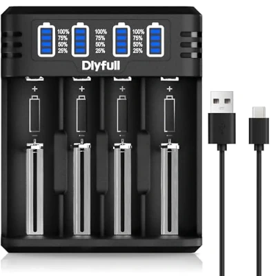 Obrázek Dlyfull nabíječka 18650, 4násobná univerzální baterií s LED displejem, rychlá USB C pro 18650 21700 17500 16340 26650 AA AAA 3,7V Li Ion akumulátory 1,2V NI MH/NI CD