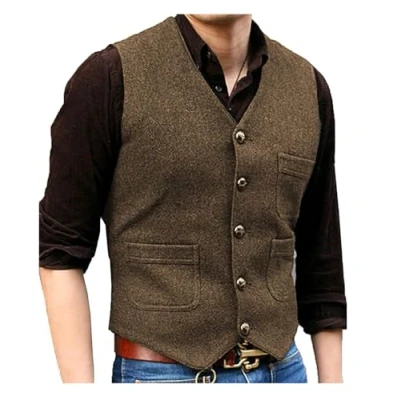 Obrázek Solovedress Mens Vintage Classic vlna Obleková Vesta formální Regular Fit Oblek na svatbu Groomsmen, Hnědá