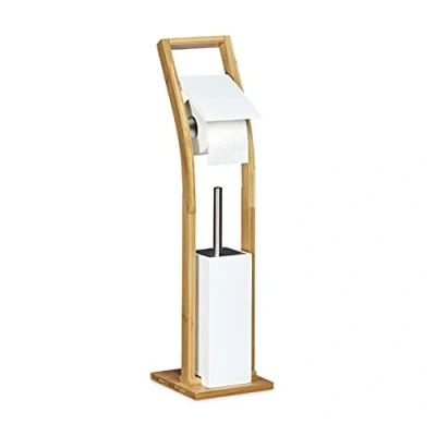Obrázek Relaxdays stojící WC souprava dřevo V x Š H 75 19 cm Držák toaletního papíru z bambusu s držákem a štětkou na volně sada štětky, přírodní bílá