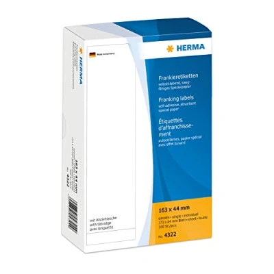 Obrázek HERMA 4322 frankovací etikety pro stroje, 163 x 44 mm, 500 kusů, samolepicí, matné, jednotlivé, papírové frankierské samolepicí nálepka s vytahovacím poutkem, bílá