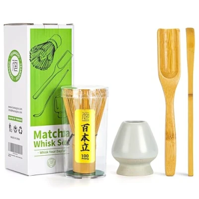 Obrázek TEANAGOO Japanische Matcha Zeremonie, Schneebesen (Chasen), traditioneller Schöpflöffel (Chashaku), Teelöffel, mattweißer Schneebesenhalter, I3, das perfekte Set für die Zubereitung einer