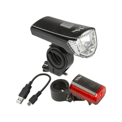 Obrázek M Wave Atlas K 11 USB sada LED akumulátorových světel, schváleno pro provoz na pozemních komunikacích, baterie, nabíjecí, skládá se z předního a zadního světla, odolné proti dešti,