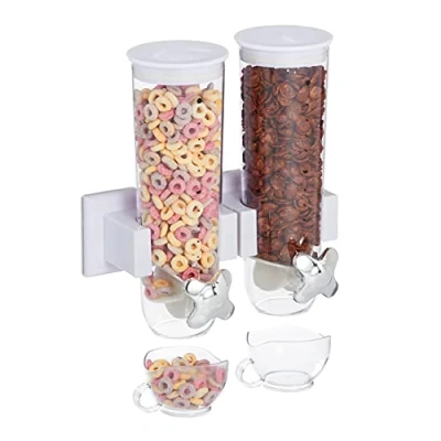 Obrázek Relaxdays dávkovač müsli dvojitý, montáž na stěnu, müsli, kukuřičné vločky, sladkosti, cereálií, plast, bílý, 1 kus