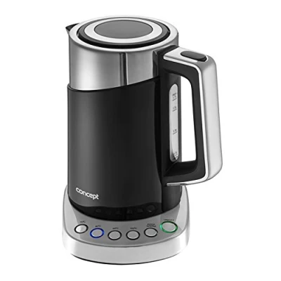 Obrázek CONCEPT Domácí spotřebiče RK3171 rychlovarná konvice s nastavením teploty, COOL TOUCH, ušlechtilá ocel, 1,7 l, černá, 2200 W, filtr proti vodnímu kameni, funkce KEEP WARM, nerezová