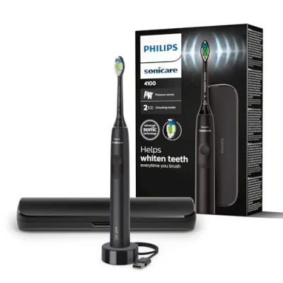 Obrázek Philips Sonicare 4100 elektrische Zahnbürste für Erwachsene mit 1 x W2 Optimal White Bürstenkopf in Schwarz, schlankem Reiseetui und USB Ladegerät (Modell HX3683/54)