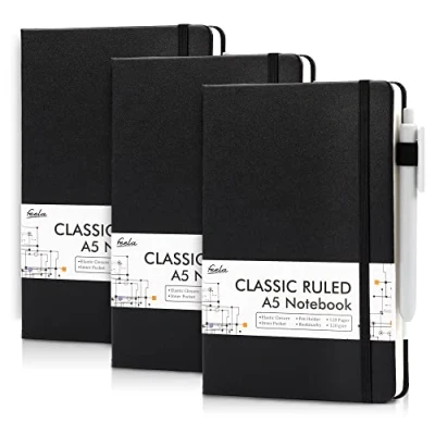 Obrázek feela poznámkový blok A5 linkovaný, 3 černé zápisníky se tužkami, DIN Hardcover Notebooky, 120 g/m², 128 stran, 64 listů, deník, Business blok, pro muže, ženy