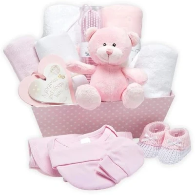 Obrázek Baby Geschenkset und Erinnerungsbox Rosa, Handverpacktes Geschenk zur Geburt Mädchen mit Teddybär, Babyschuhen, Strampler, Lätzchen, Mütze, Decke, Kapuzenhandtuch, Hängeschild