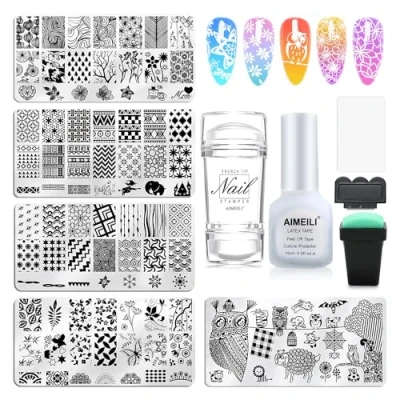 Obrázek AIMEILI Razítko na nehty Nail Art Plates sada manikúru, 5 ks zdobících šablon, 2 razítka, škrabky, 1 latexová peelingová páska