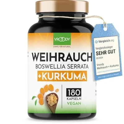 Obrázek Kadidlo kurkuma srovnávací vítěz, 180 kapslí ve vysokých dávkách Boswellia Serrata 2000 mg, 85 % kyselina bosová wellia, 500 mg kurkuma, 95% denní dávka bez přísad nebo chemických