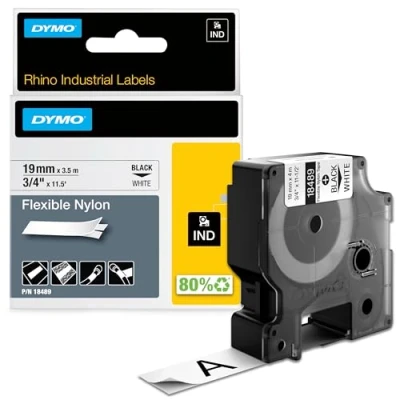 Obrázek DYMO Rhino Industrie nylonové etikety flexibilní 19 mm x 3,5 m černé písmo na bílém podkladu samolepicí páska
