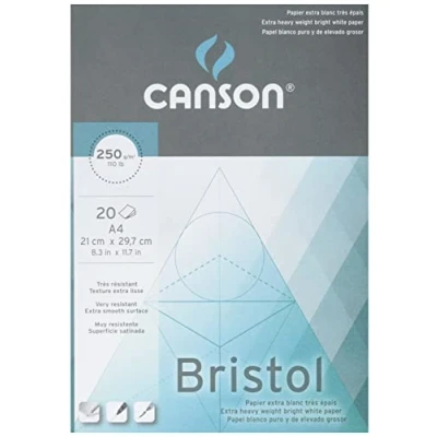 Obrázek CANSON Ilustrace Bristol, extra hladký, satinovaný papír, 250 g/m², na krátké straně lepený blok, DIN A4 21 x 29,7 cm, bílá, 20 listů
