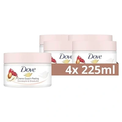Obrázek Dove Krémový sprchový peeling granátové jablko &amp; bambucké máslo Scrub Tělový pro hebkou pokožku péče o pleť s jojobovým voskem perly 4x 225 ml