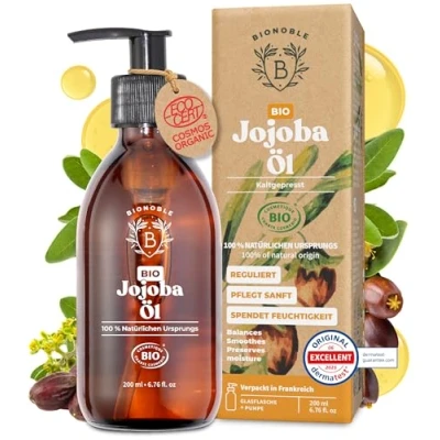 Obrázek Bionoble jojobový olej bio 200 ml 100 % čistý, přírodní a lisovaný za studena obličej, tělo, vlasy, vousy, nehty vegan Cruelty Free skleněná láhev + pumpička